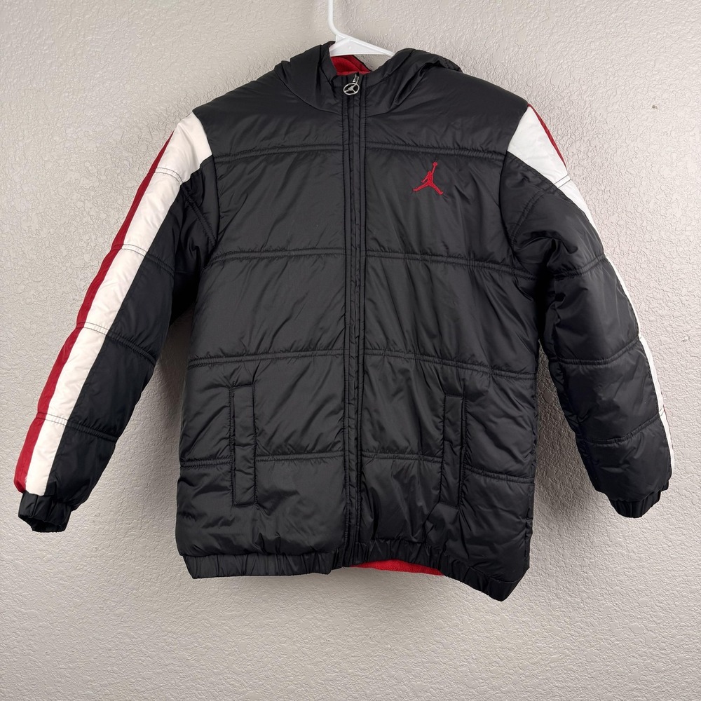 Jordan Jacket Youth Medium Black Red White Hooded Puffer Fleece Lined Full Zip